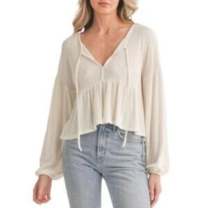 NEW LUSH NORDSTROM Cream Long Sleeve Waffle Knit Babydoll Top Size M